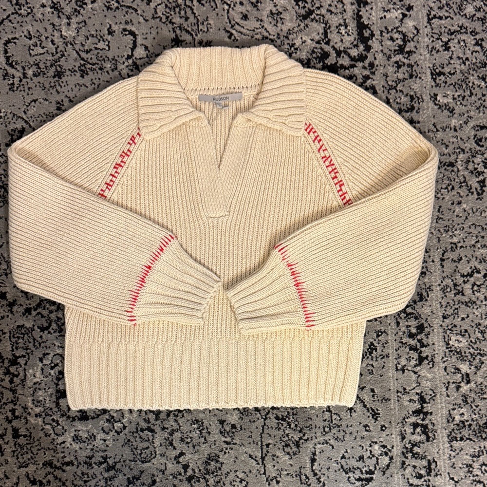 Vintage style cream Sweater with Red stitching Accents
